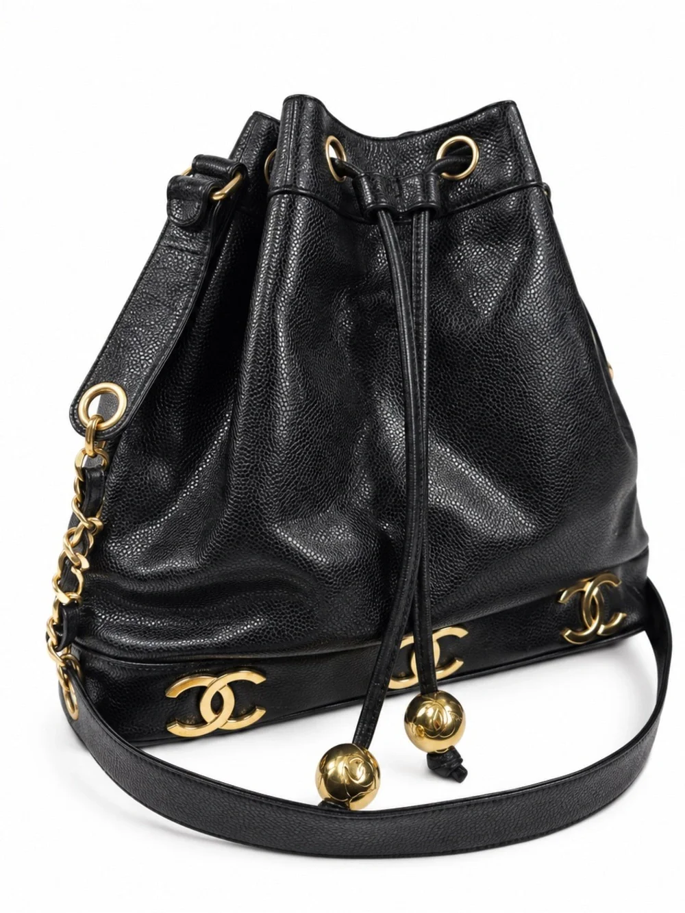 CHANEL Vintage Triple CC Black Caviar Leather Drawstring Bucket Bag
